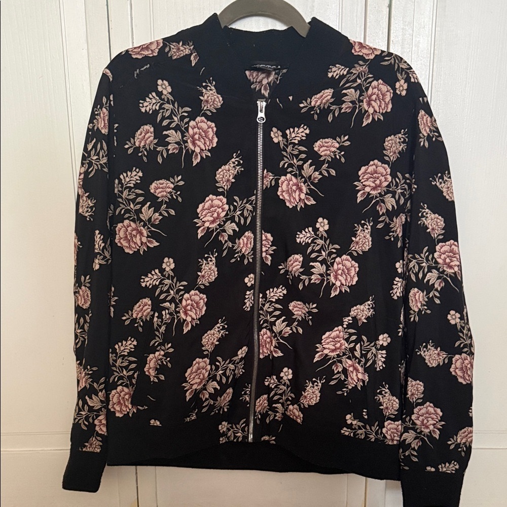 Floral Zip-Front Bomber Jacket - Black with Pink Floral Size 1X fits M & L